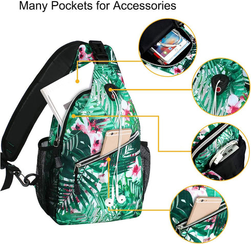 MOSISO Sling Backpack, Travel Hiking Daypack Pattern Rope Crossbody Shoulder Bag, Palm Leaf Flower Design