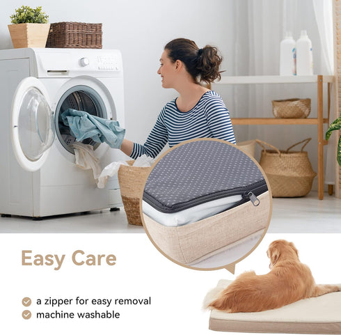 Memory Foam Large Dog Bed, Orthopedic Crate Bed with Cooling Gel Foam, Waterproof Liner, Washable Cover, Beige