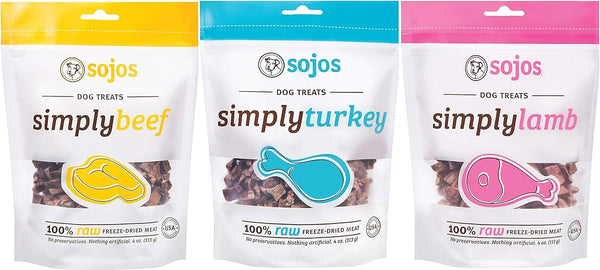 Sojos 100% Raw Freeze-Dried Meat Treats for Dogs, 3 Flavor Variety Bundle: (1) Sojos Simply Beef, (1) Sojos Simply
