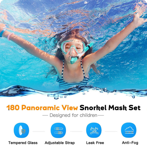 Kids Snorkel Set, Dry Top Anti-Fog Panoramic View Mask, Snorkeling Gear with Carry Bag for Youth Boys and Girls