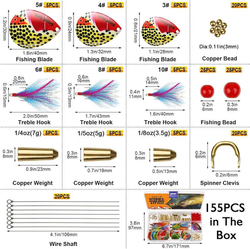 228pcs/155pcs/107pcs Dovesun Fishing Lure Making Kit DIY Spinner Making Kit, Inline Spinner Baits for Bass Fishing