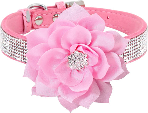 Cute Girl Rhinestone Suede Dog Collar for Small Dogs, Soft Diamond Bling Collars for Medium Dogs (Pink, S)