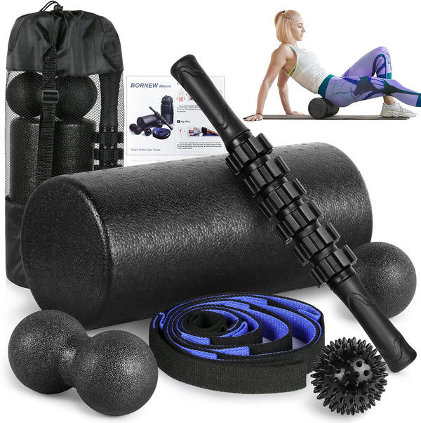 Foam Roller Set - High Density Back Roller, Muscle Roller Stick, Stretching Strap, Massage Ball