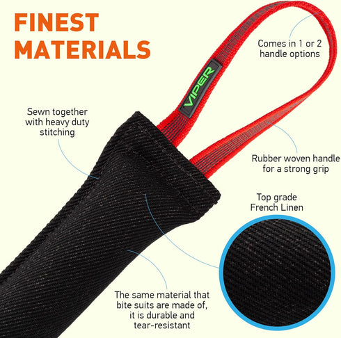 Viper Heavy Duty French Linen Dog Bite Tug Toy, Tough and Durable for K9 Training - Black - 12in L x 2in W