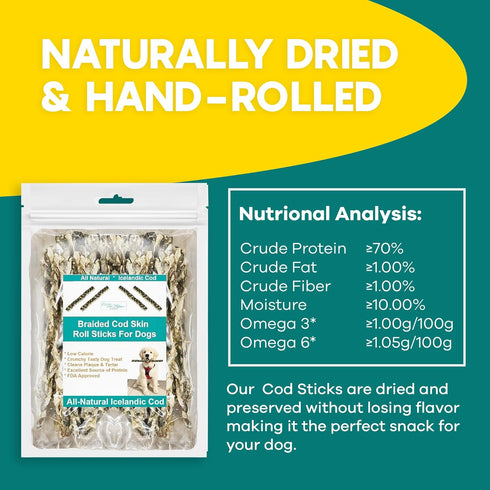 Ocean Tides Braided Icelandic Atlantic Cod Fish Skin Treats for Dogs and Cats - Dried Lean Crunch Sticks Chews