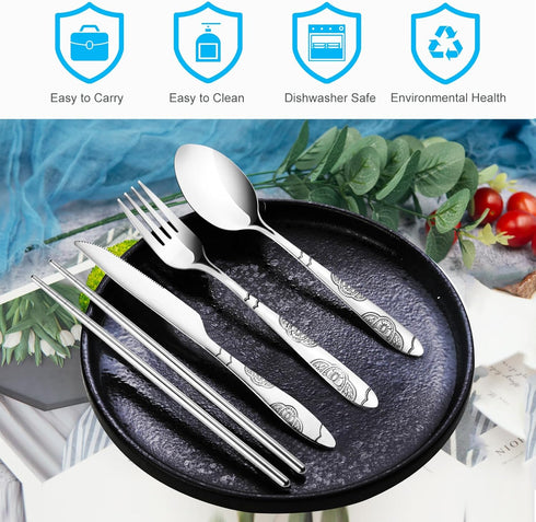 Lengnoyp 20PCS Premium Travel Utensils Set with Case, Stainless Steel Reusable Silverware for Camping, Silver