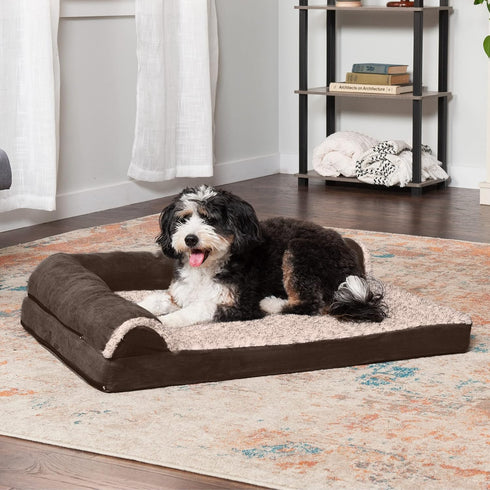 Furhaven Orthopedic Dog Bed for Large/Medium Dogs, Removable Bolsters & Washable Cover, Two-Tone Plush Faux Fur,