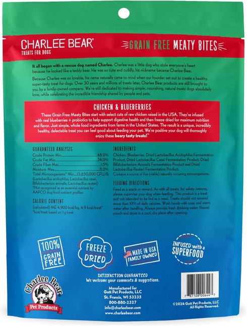 Charlee Bear Grain Free Meaty Bites Dog Treats - Freeze Dried Chicken and Blueberries, 2.25 Ounce Resealable Bag