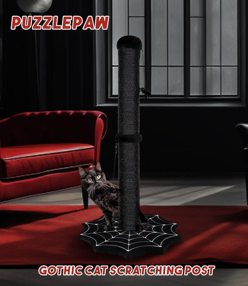 PuzzlePaw Gothic Cat Scratching Post with Spider Dangling Toys for Indoor Cats, Halloween Spooky Cat Scratcher,Activity