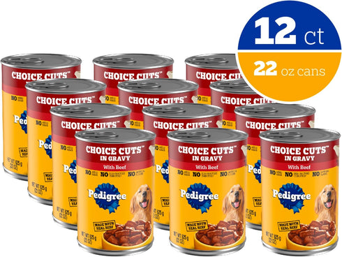 22 oz. (12 Count, Pack 1) Pedigree Choice Cuts In Gravy Adult Canned Soft Wet Dog Food With Beef, Cans