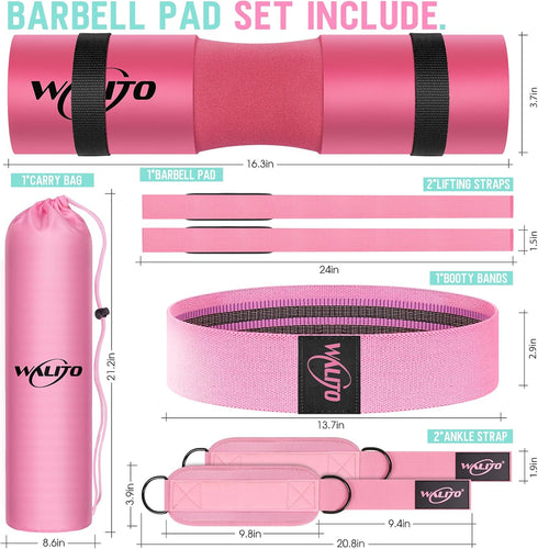 WALITO 8Pcs Barbell Pad Set for Hip Thrust, Squat Pad with Gym Ankle Straps, Resistance Bands, Carry Bag