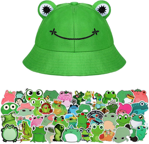 Frog Bucket Hat or Cow Flamingo Hat with 50 Stickers, Summer Outdoor Foldable Wide Brim Fishing Hat