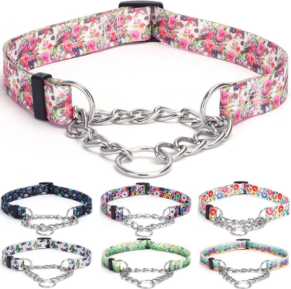Martingale Collar: Training Dog Collar with Stainless Steel Chain for No Pull Walking (M, Peony)