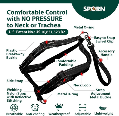 Sporn Medium Dog Harness, Black, Nylon with 4 Control Options & Easy-Grab Handle for Dogs up to 75 lbs