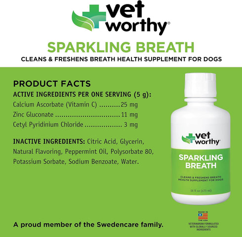 (16 oz) Vet Worthy Sparkling Breath Dog Mouthwash Water Additive - Dog Dental Care for a Healthy Mouth and a Fresh