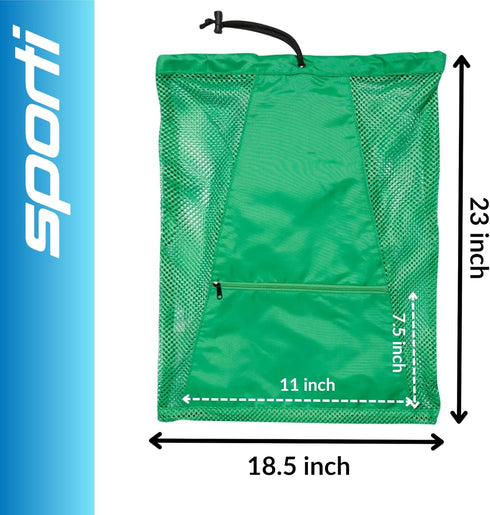 Sporti Swimming Equipment Bag - Zipper Pocket Mesh Drawstring Backpack, Big Mesh Gym Bag for Workout Gear