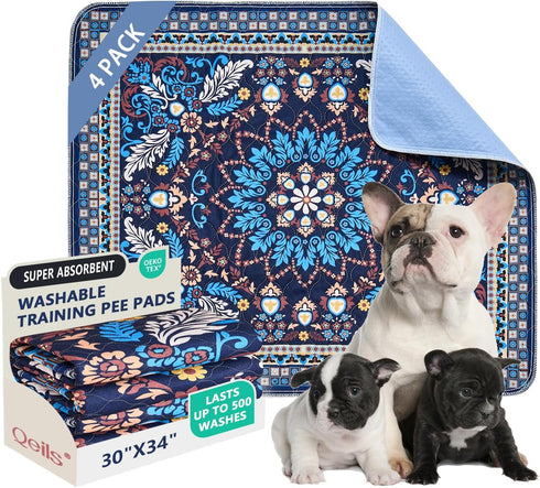 Qeils Washable Pee Pads, Reusable Puppy Pads 4 Pack 30"x34" Super Absorbent