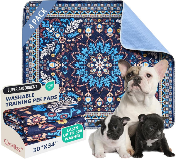 Qeils Washable Pee Pads, Reusable Puppy Pads 4 Pack 30"x34" Super Absorbent
