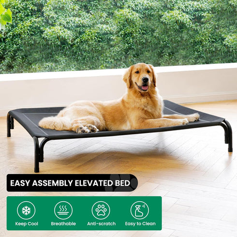 Elevated Dog Bed Raised Outdoor Cot for Large Dogs, Washable Breathable Mesh, Anti-Slip Feet, Indoor Pet Bed, Black,