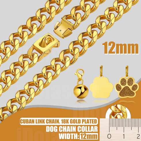 Cuban Link Dog Chain Collar, 12mm with Secure Snap, Bell & Dog Tag, Stainless Steel 18K Gold for Puppy, Small, Medium,