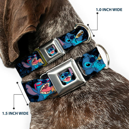 Buckle-Down Seatbelt Buckle Dog Collar, Stitch Snacking Poses, Black/Blue, 1" Wide, Fits 15-26" Neck