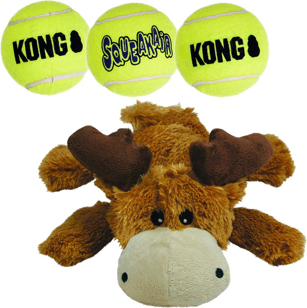 KONG Cozie Marvin The Moose and 3 SqueakAir Balls - Fun, Interactive Dog Toys for Fetch & Soft, Sturdy Indoor Play for
