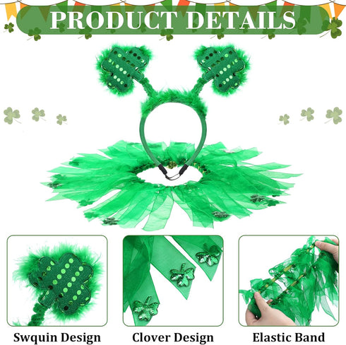 4 Pcs St Patrick's Day Dog Costume - Tutu for Dogs, Sequins Bowtie, Shamrock Headband, Green Puppy Skirt for Irish Party
