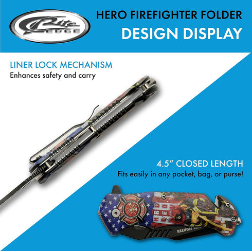 SZCO Supplies 8” Firefighter Decal Liner Lock Tactical Folding Knife, Assisted Open, Red