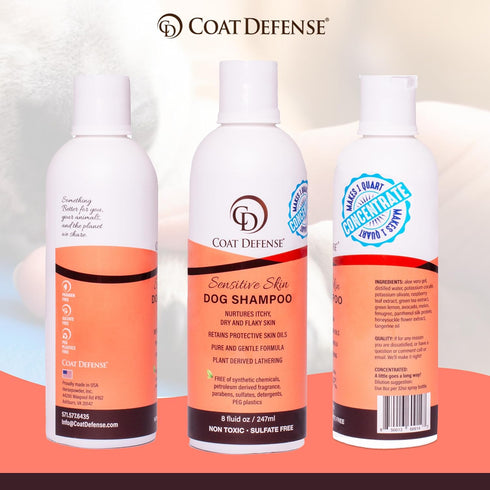 COAT DEFENSE Sensitive Dogs Shampoo, All-Natural Hypoallergenic, Soothes Itchy & Dry Skin, 8 Ounces Concentrated