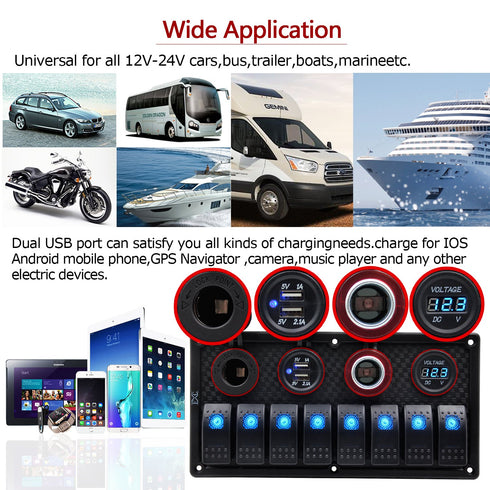 FXC 12V 24V Blue LED ON/Off Marine Multi Function Switch Panel - Waterproof 8 Gang Rocker Switch Panel