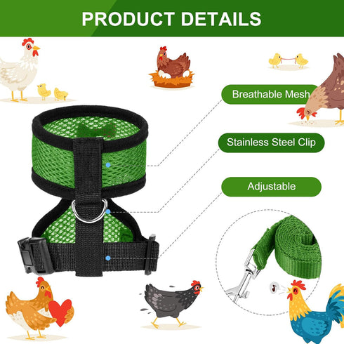 BOAO 3 Pieces Adjustable Chicken Harness and Leash Set, Spring Summer Breathable Comfortable Elastic Hen Vest (Black,