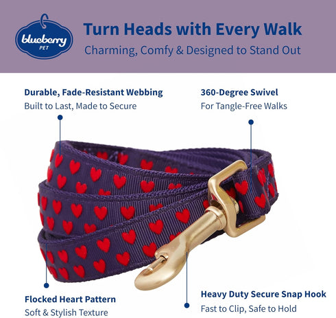 Blueberry Pet Valentine's Day Dog Leash, Gothic Grape, Velvety Soft-Touch Heart Flocking Lead for Small Dogs, 5 ft x