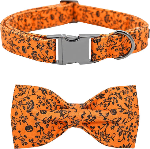 Halloween Dog Collar with Bow, Pumpkin Design, Cute Soft Puppy Collar for Large Dogs, Holiday Gift