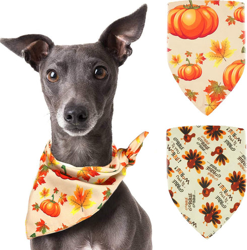 Pohshido 2 Pack Dog Thanksgiving Bandana, Reversible Triangle Bibs for Small Medium Large Dogs, Fall Pumpkin Turkey