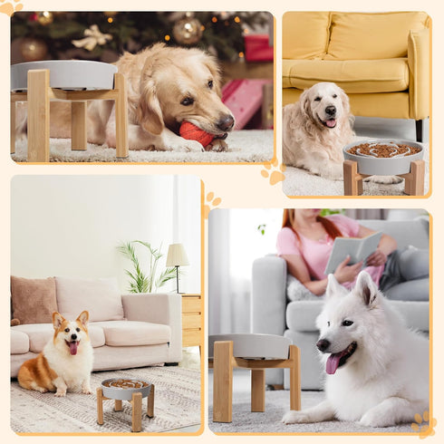 8.8 inch Elevated Slow Feeder Dog Bowl - Puzzle Maze Dish with Bamboo Stand - Raised Ceramic Food Bowl for Medium