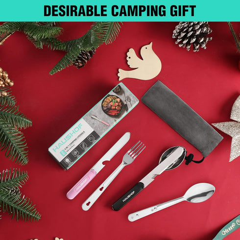 HAUSHOF 4-in-1 Camping Utensils, 2-Pack Detachable Stainless Steel Spoon, Fork, Knife & Bottle Opener for Traveling,