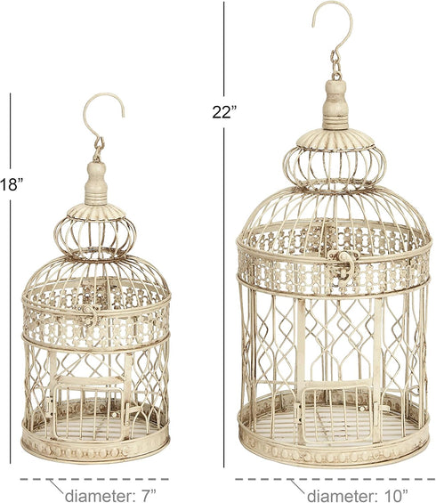 Deco 79 Metal Round Birdcage Set of 2, 22" & 18"H, with Latch Lock Closure and Hanging Hook, Cream