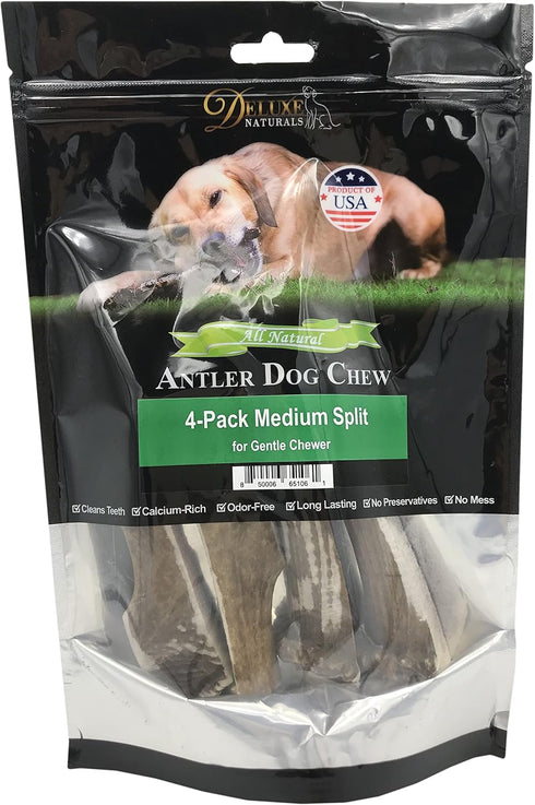 Elk Antler Chews for Dogs | Naturally Shed USA Collected A-Grade Premium Elk Antler Dog Chews | 4-Pack Medium Split