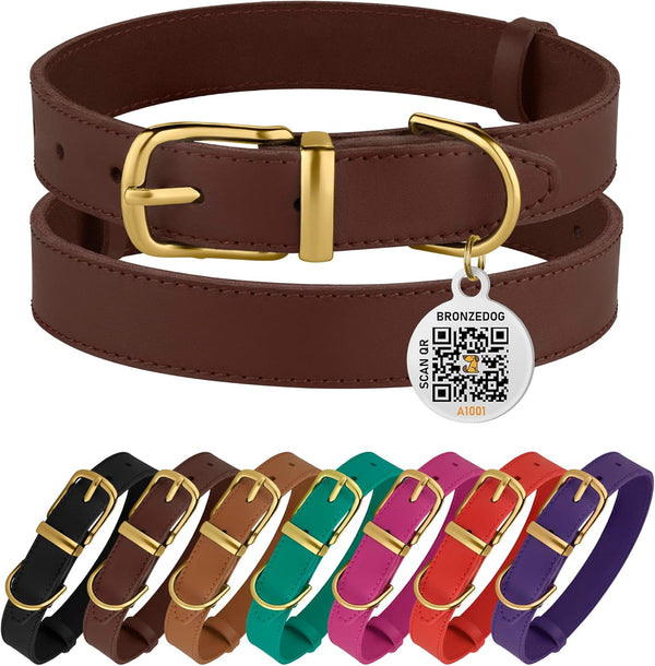 BRONZEDOG Leather Dog Collar - Durable Basic Pet Collar with Metal Buckle for Small Medium Large Dogs (13-16 Inch, Dark