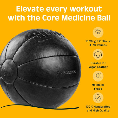 4, 6, 8, 10, 12, 14, 16, 20, 25, 30 lbs, Core Weighted Medicine Ball Soft Touch Vegan Leather with Sturdy Grip