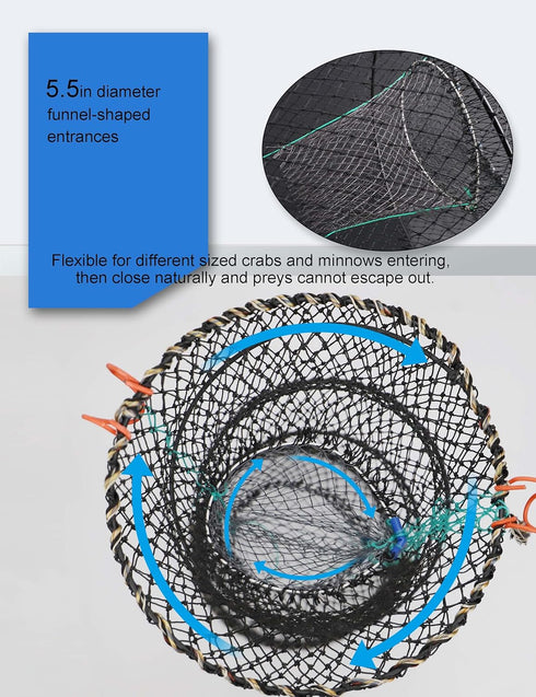 10m Hlotmeky Crab Trap Minnow Trap Fishing Bait Traps with Hand Rope, Folded Lobster Crawfish Fishing Net Trap
