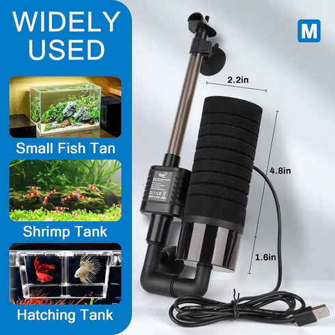 hygger USB Single Sponge Filter, Small Aquarium Filter with Adjustable Hanging Clip and Suction Cup, Duckbill Outlet