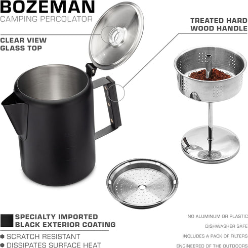 Bozeman [9 COLETTI Black Percolator Coffee Pot Camping Coffee Pot Americas Sleekest Percolator NO Aluminum or Plastic