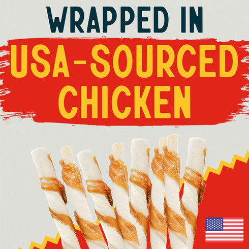Pack 100 Canine Chews Chicken-Wrapped Rawhide Twists for Dogs - of U.S.A. Sourced Chicken Wrapped Rawhide Dog Treats