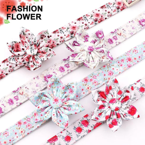 Beirui Cute Spring Dog Collar with Flower, Lightweight Soft Girl Dog Collar for Female Male Dogs, Adjustable Floral Pet Collar for Small Medium Large Dogs(Pink Blue Flower,M)
