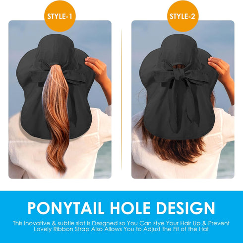 Women's Sun Hat UV Protection, Foldable Waterproof Wide Brim Bucket Hat with Neck Flap