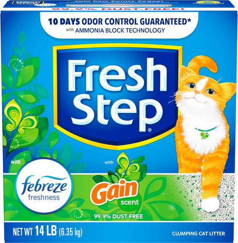 Fresh Step Clumping Cat Litter with Febreze Gain Scent, 14 Pounds Activated Charcoal for Odor Control