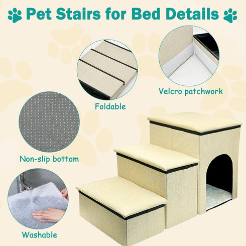 Fhiny 3-Steps Foldable Dog Stairs with Storage, Non-Slip Puppy Steps for High Bed & Couch, Khaki, Holds 160 lbs