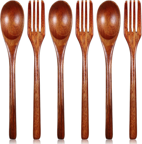 Gsbnjuy 6 Pcs Wooden Spoon and Fork for Eating Utensil Set Reusable Kitchen