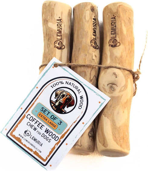 lemuria Set of 3 Coffee Wood Dog Chew Stick Toy - Natural Durable Chews for Large Dogs, Safe Dental Cleaning